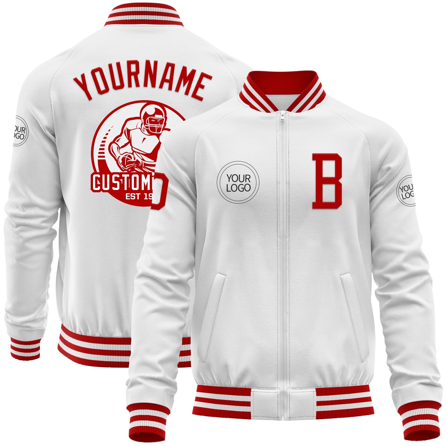 Custom White Red Bomber Varsity Letterman Zipper Jacket - Main View