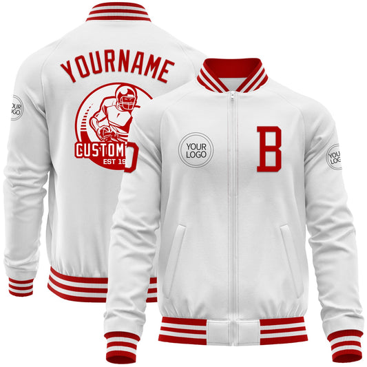 Custom White Red Bomber Varsity Letterman Zipper Jacket - Main View