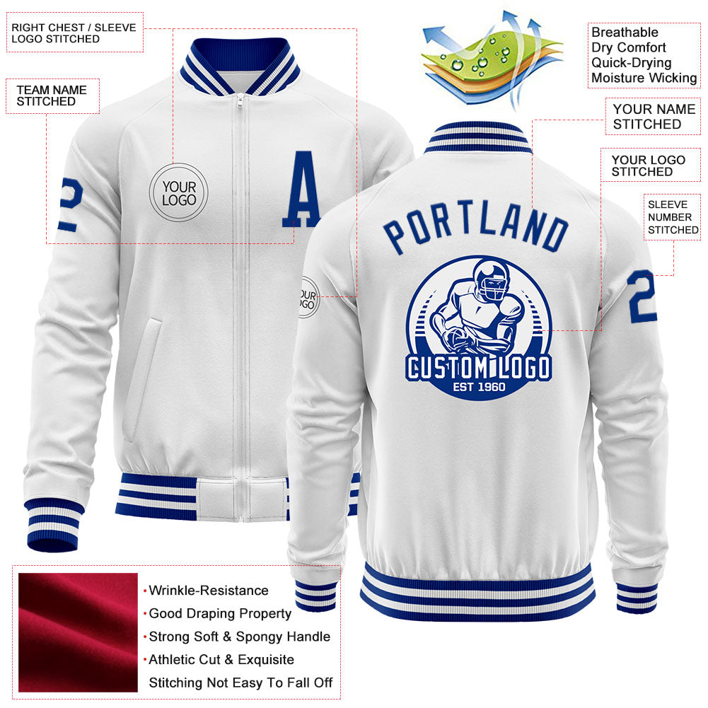 Custom White Royal Bomber Varsity Letterman Zipper Jacket view 4