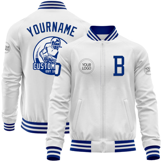 Custom White Royal Bomber Varsity Letterman Zipper Jacket - Main View