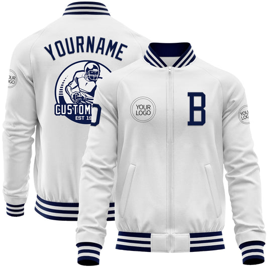 Custom White Navy Bomber Varsity Letterman Zipper Jacket - Main View