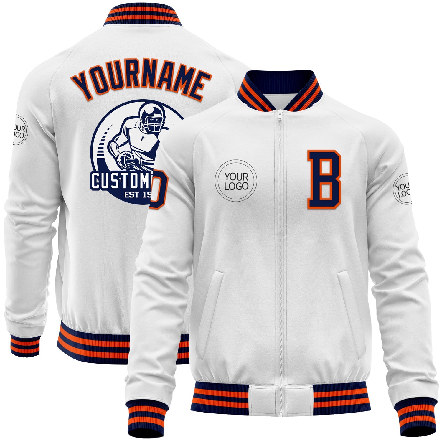 Custom White Navy-Orange Bomber Varsity Letterman Zipper Jacket - Main View