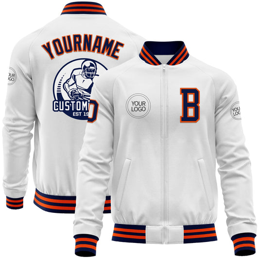 Custom White Navy-Orange Bomber Varsity Letterman Zipper Jacket - Main View