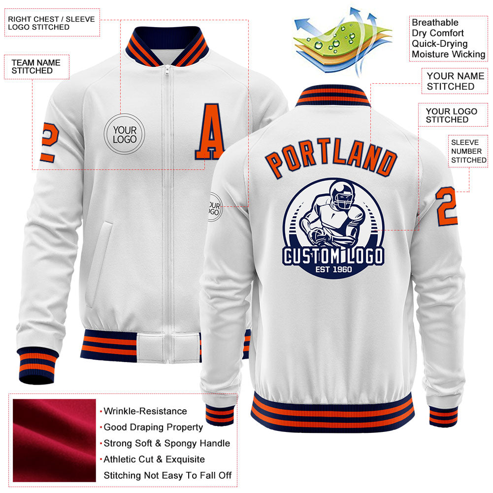 Custom White Orange-Navy Bomber Varsity Letterman Zipper Jacket view 4