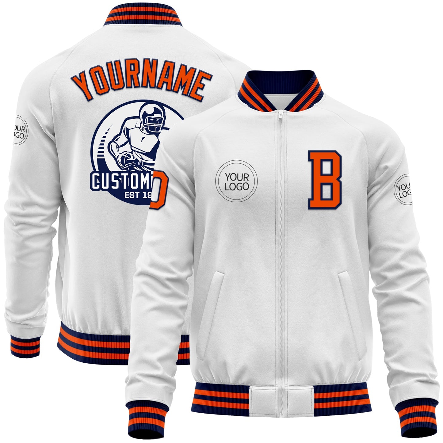 Custom White Orange-Navy Bomber Varsity Letterman Zipper Jacket - Main View