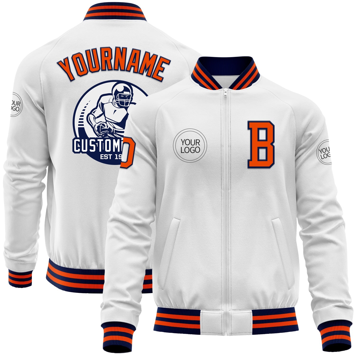 Custom White Orange-Navy Bomber Varsity Letterman Zipper Jacket - Main View