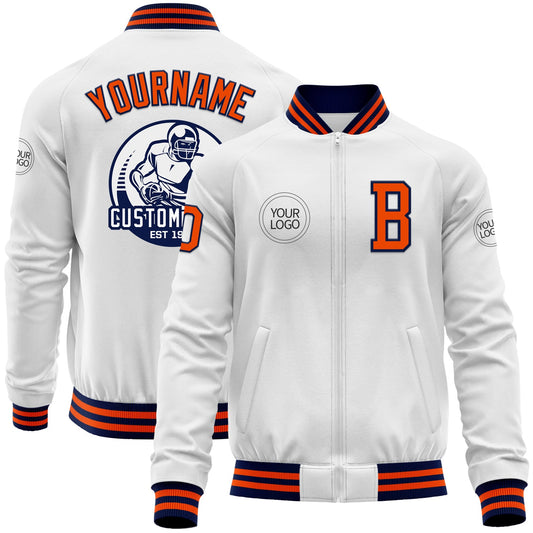 Custom White Orange-Navy Bomber Varsity Letterman Zipper Jacket - Main View