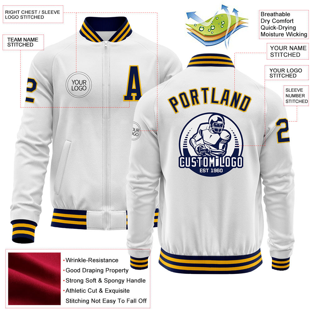 Custom White Navy-Gold Bomber Varsity Letterman Zipper Jacket view 4