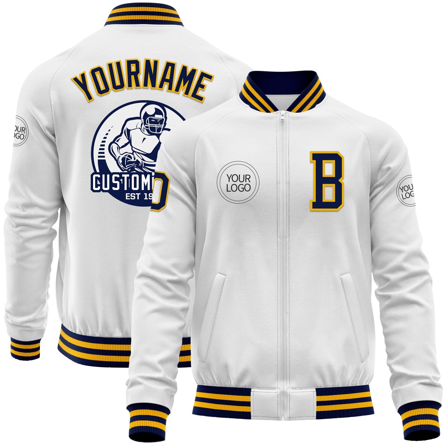 Custom White Navy-Gold Bomber Varsity Letterman Zipper Jacket - Main View