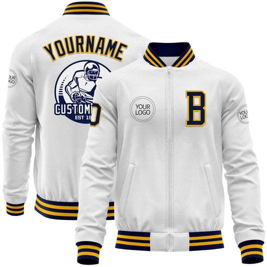 Custom White Navy-Gold Bomber Varsity Letterman Zipper Jacket - Main View