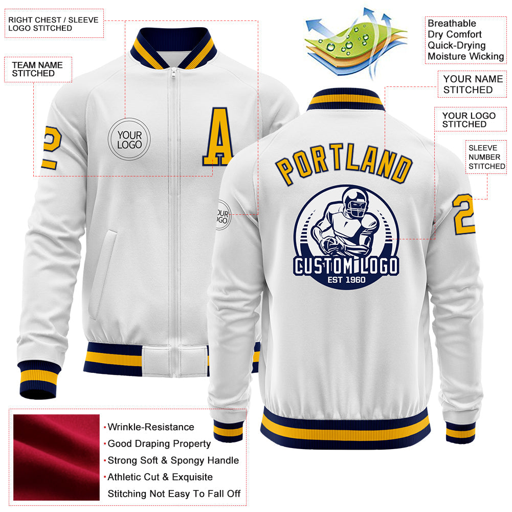 Custom White Gold-Navy Bomber Varsity Letterman Zipper Jacket view 4