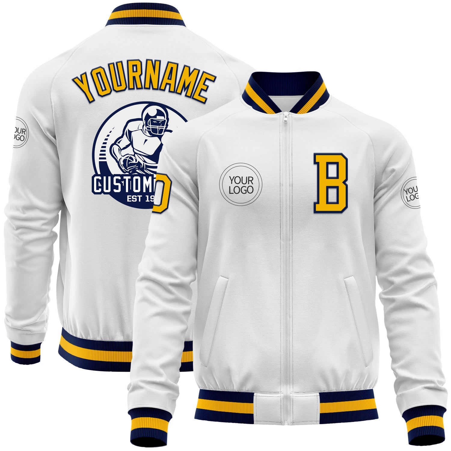 Custom White Gold-Navy Bomber Varsity Letterman Zipper Jacket - Main View