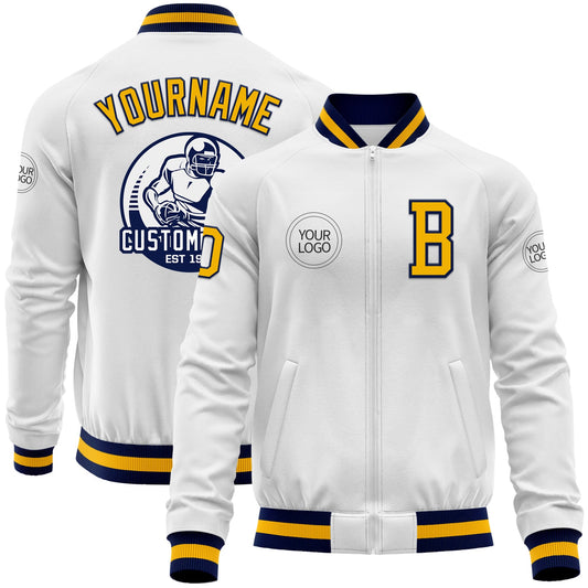 Custom White Gold-Navy Bomber Varsity Letterman Zipper Jacket - Main View