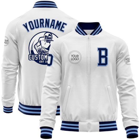 Custom White Navy-Light Blue Bomber Varsity Letterman Zipper Jacket - Main View
