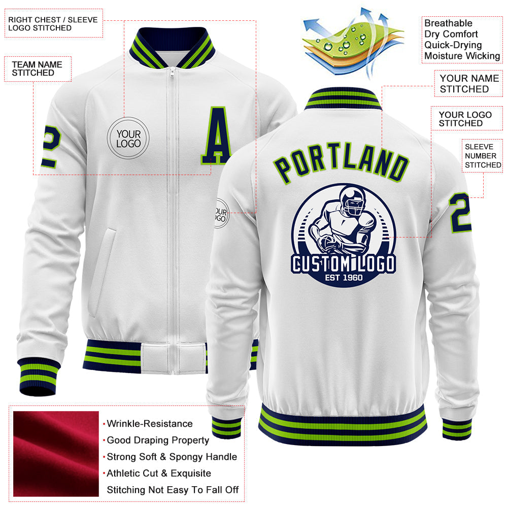 Custom White Navy-Neon Green Bomber Varsity Letterman Zipper Jacket view 4