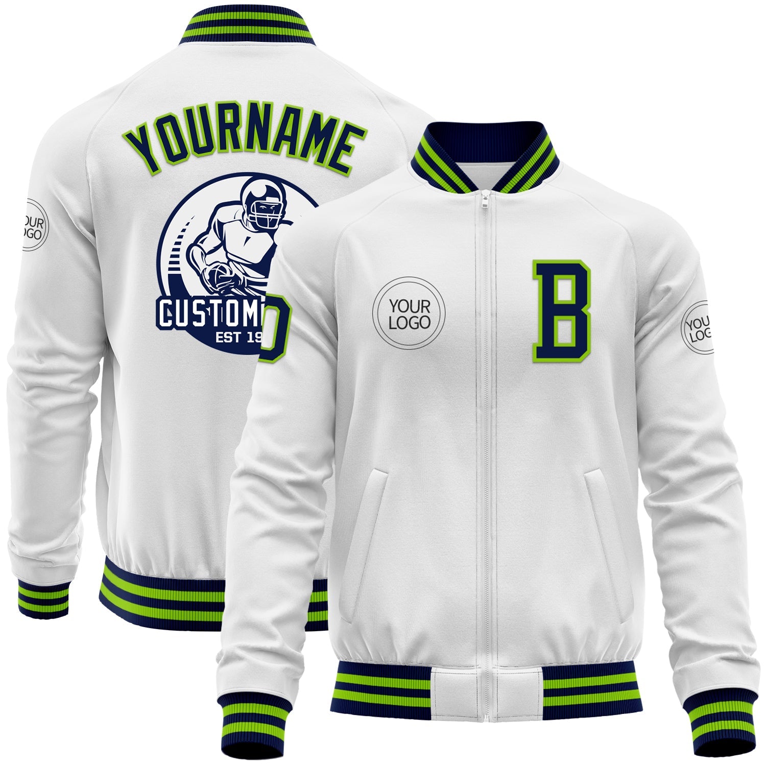 Custom White Navy-Neon Green Bomber Varsity Letterman Zipper Jacket - Main View