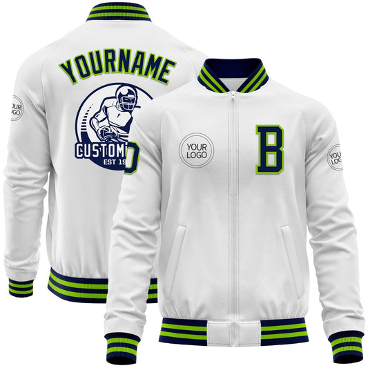 Custom White Navy-Neon Green Bomber Varsity Letterman Zipper Jacket - Main View