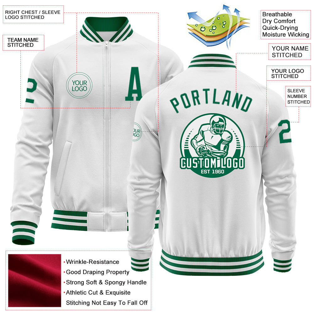 Custom White Kelly Green Bomber Varsity Letterman Zipper Jacket view 4