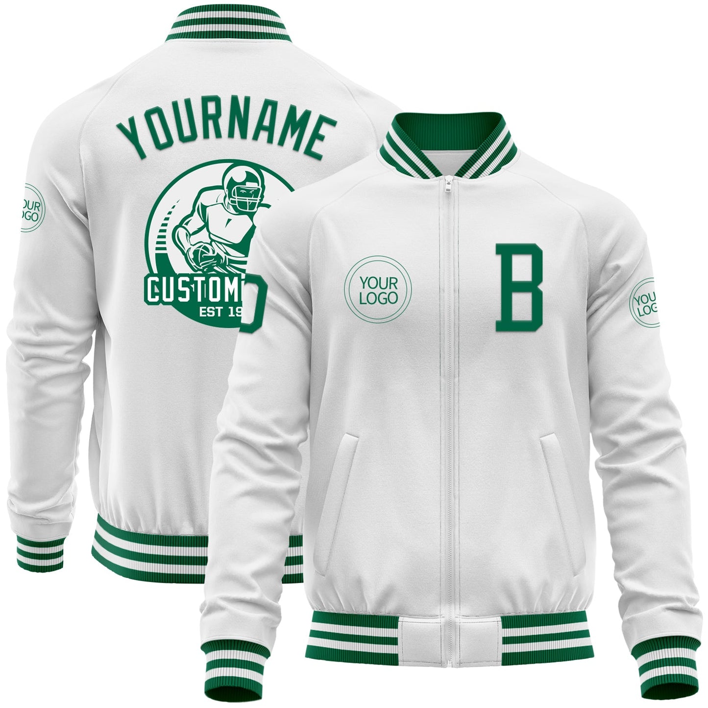 Custom White Kelly Green Bomber Varsity Letterman Zipper Jacket - Main View