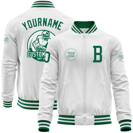 Custom White Kelly Green Bomber Varsity Letterman Zipper Jacket - Main View