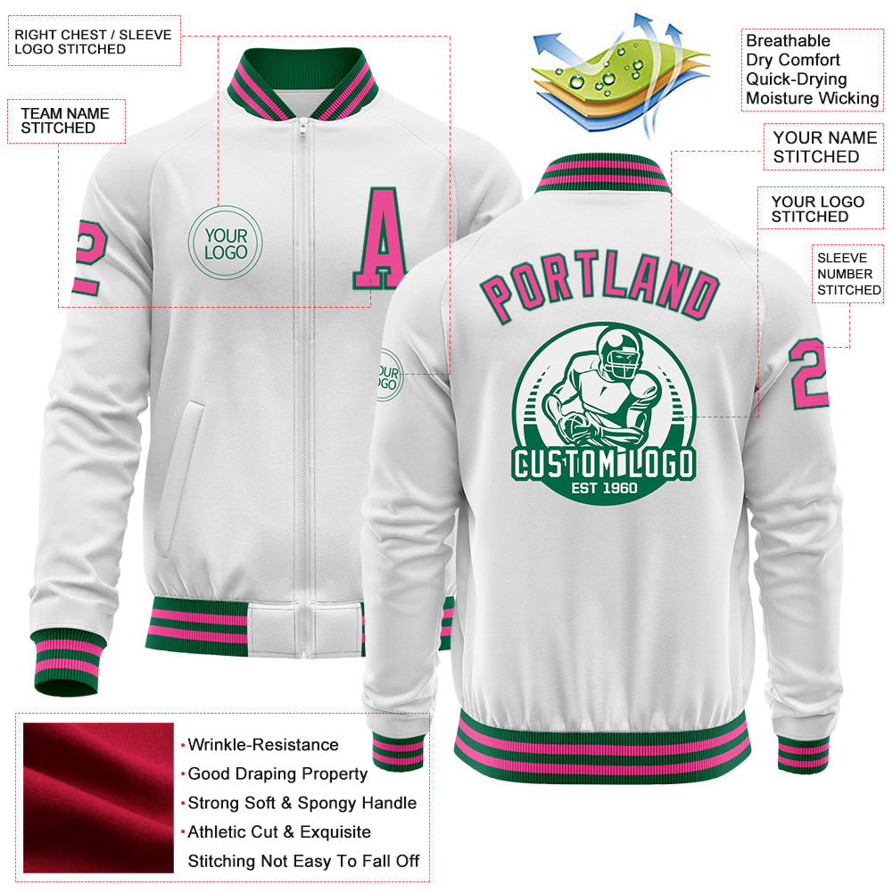 Custom White Pink-Kelly Green Bomber Varsity Letterman Zipper Jacket view 4