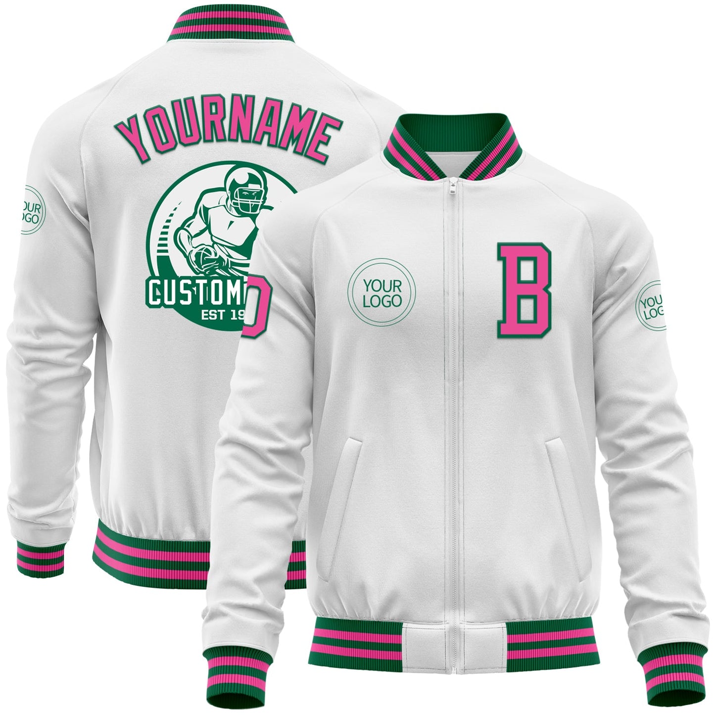 Custom White Pink-Kelly Green Bomber Varsity Letterman Zipper Jacket - Main View