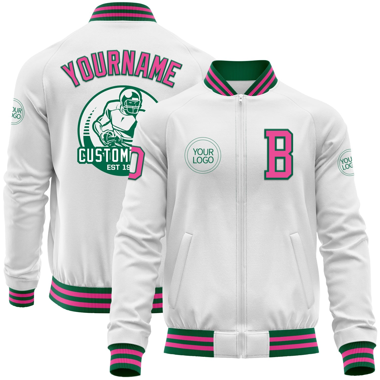 Custom White Pink-Kelly Green Bomber Varsity Letterman Zipper Jacket - Main View