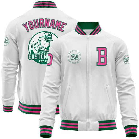 Custom White Pink-Kelly Green Bomber Varsity Letterman Zipper Jacket - Main View