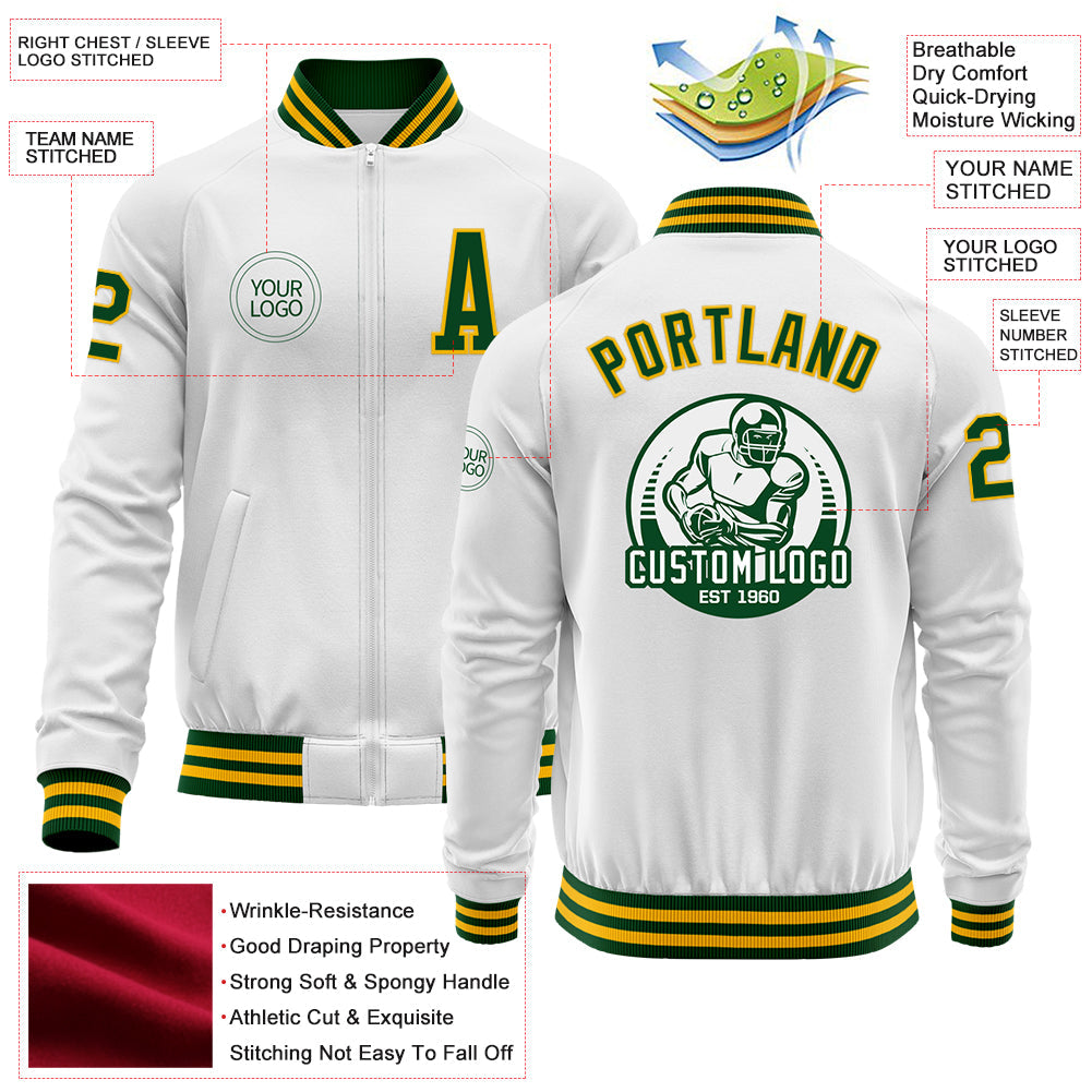 Custom White Green-Gold Bomber Varsity Letterman Zipper Jacket view 4