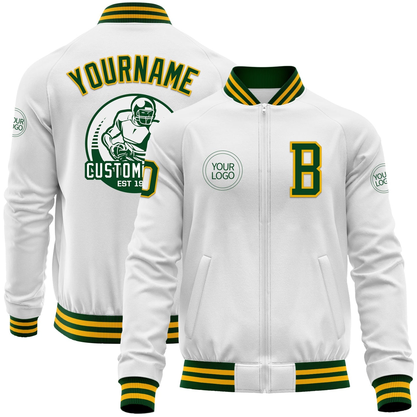 Custom White Green-Gold Bomber Varsity Letterman Zipper Jacket - Main View