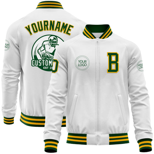 Custom White Green-Gold Bomber Varsity Letterman Zipper Jacket - Main View