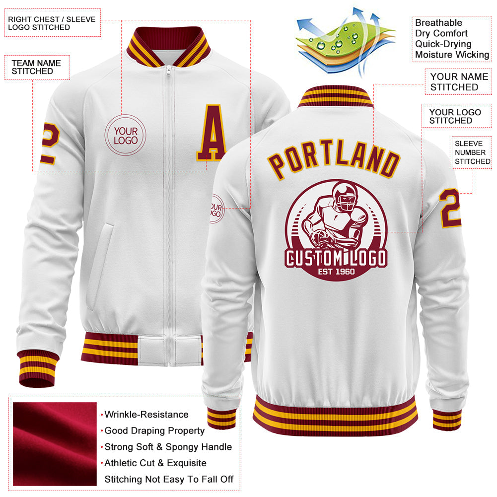 Custom White Crimson-Gold Bomber Varsity Letterman Zipper Jacket view 4