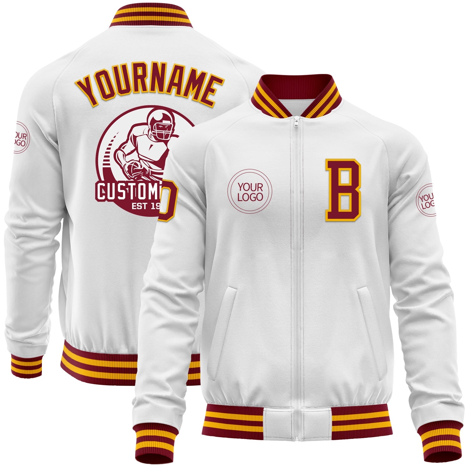 Custom White Crimson-Gold Bomber Varsity Letterman Zipper Jacket - Main View