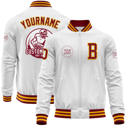 Custom White Crimson-Gold Bomber Varsity Letterman Zipper Jacket - Main View