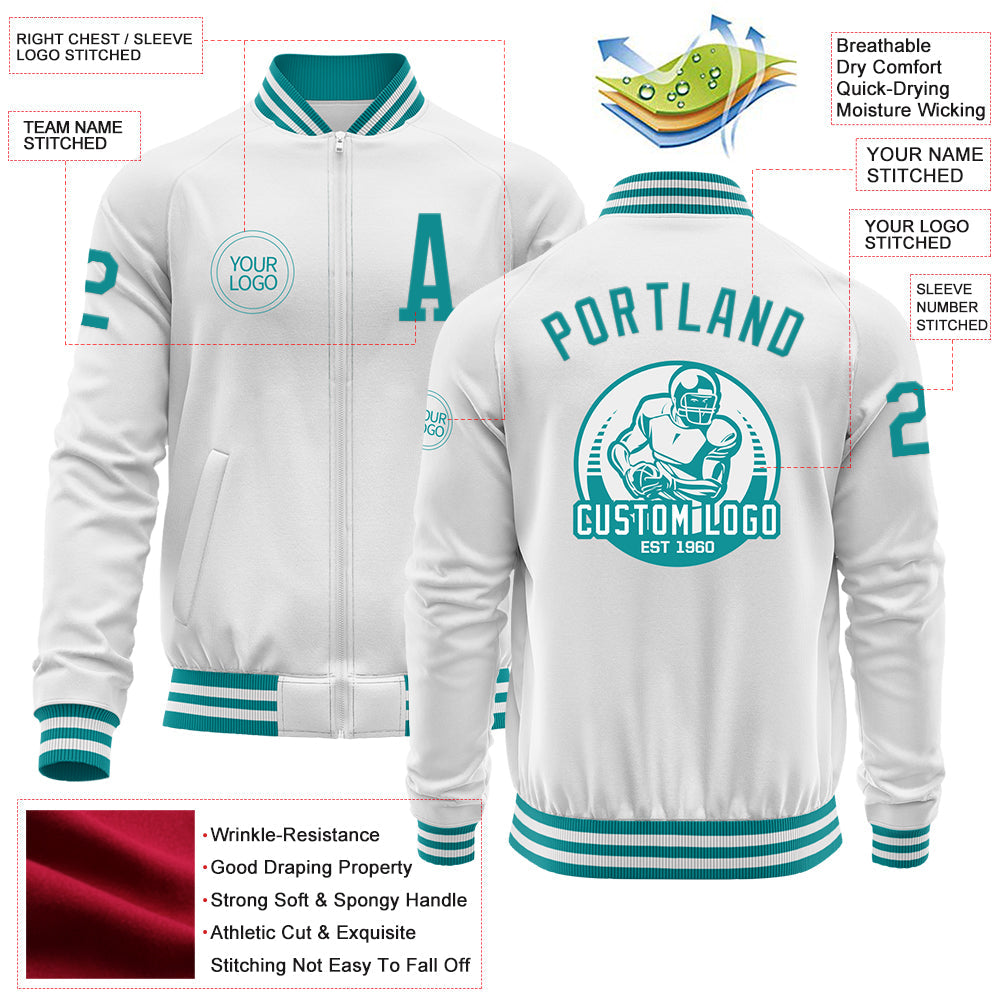 Custom White Teal Bomber Varsity Letterman Zipper Jacket view 4
