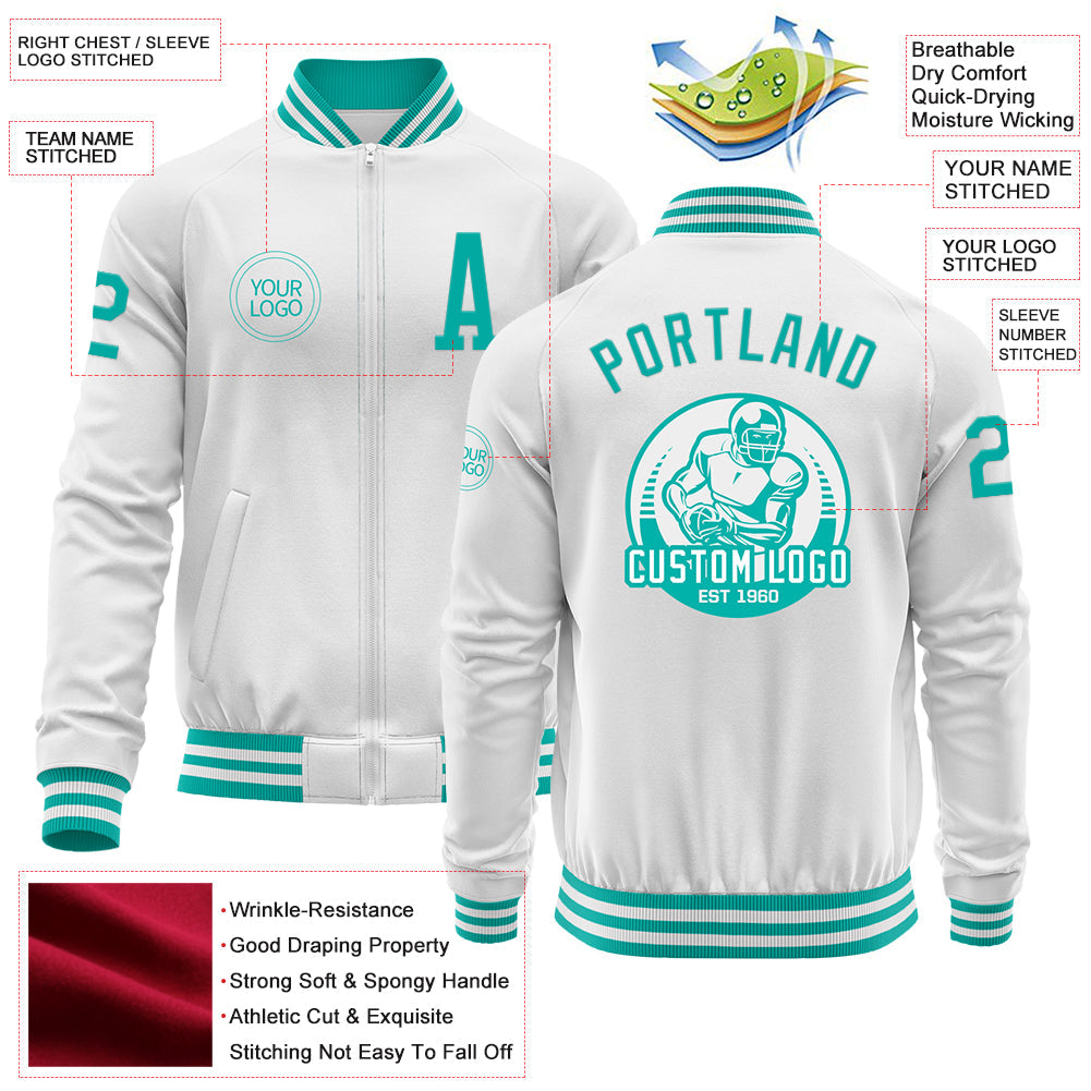 Custom White Aqua Bomber Varsity Letterman Zipper Jacket view 4