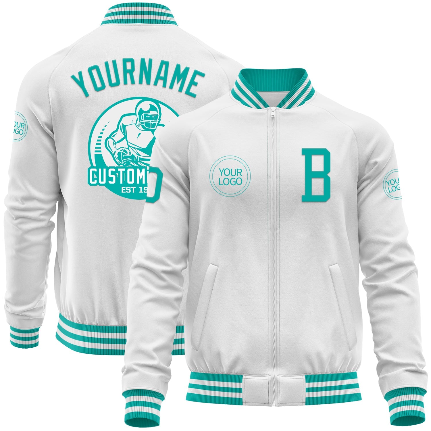 Custom White Aqua Bomber Varsity Letterman Zipper Jacket - Main View