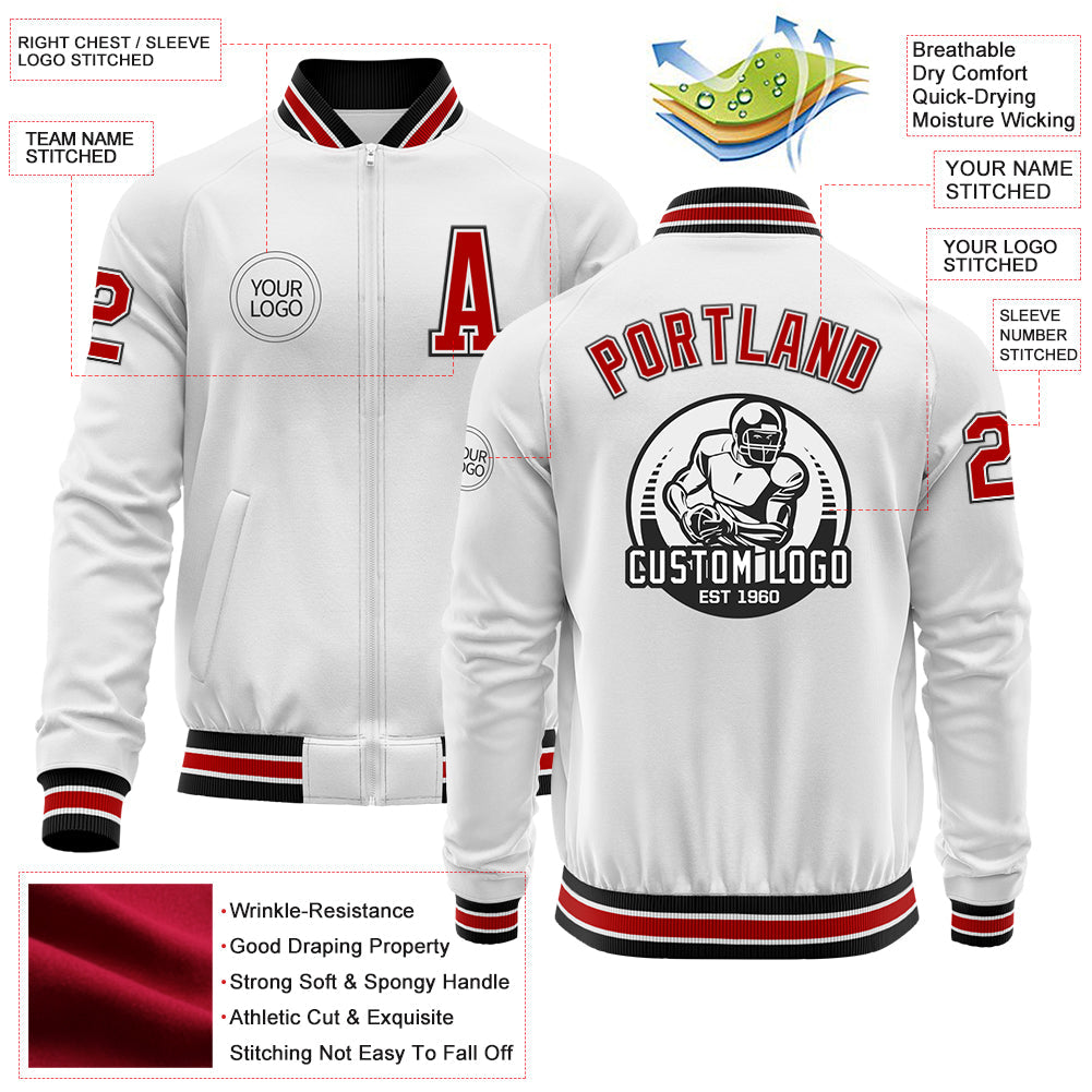 Custom White Red-Black Bomber Varsity Letterman Zipper Jacket view 4