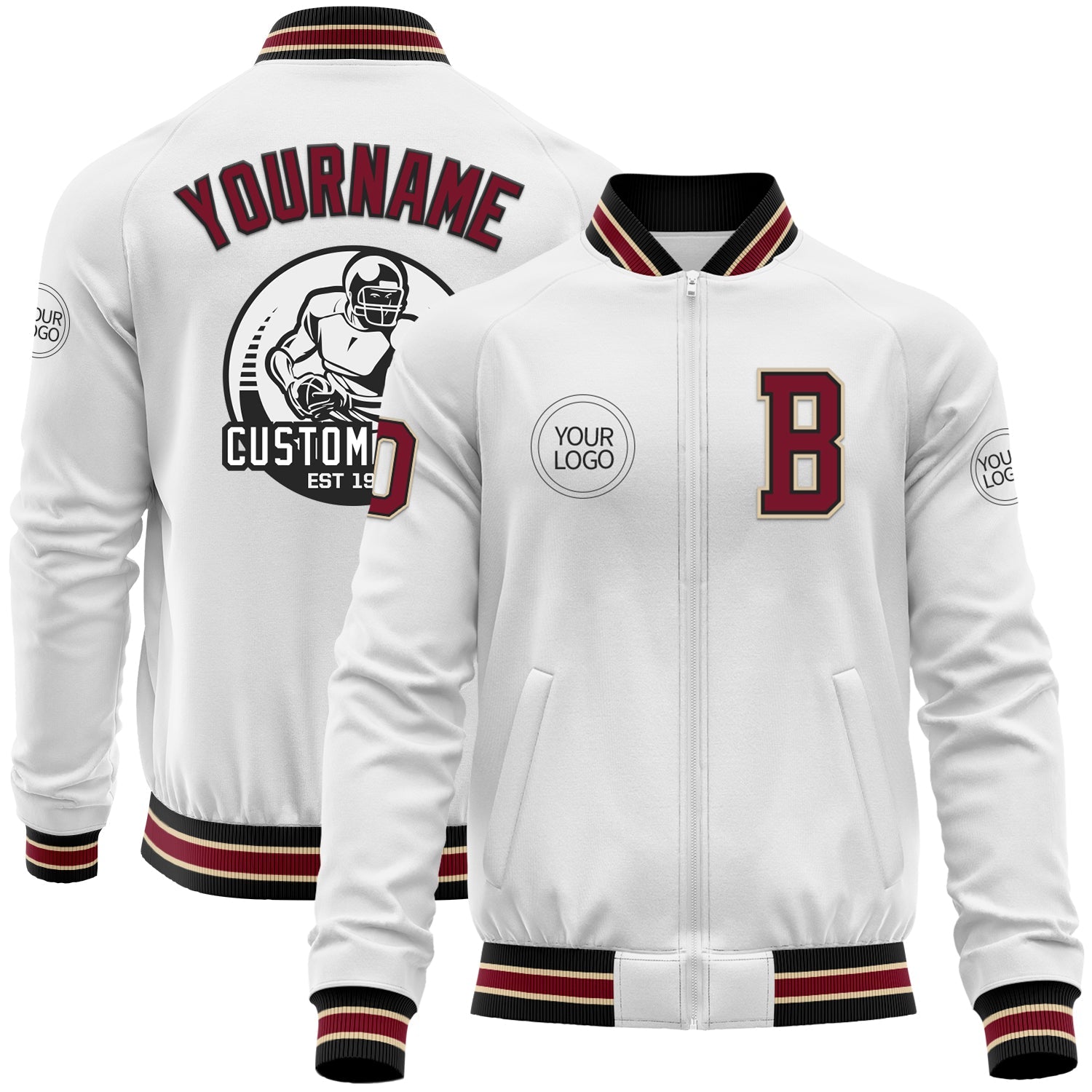 Custom White Crimson Black-City Cream Bomber Varsity Letterman Zipper Jacket - Main View