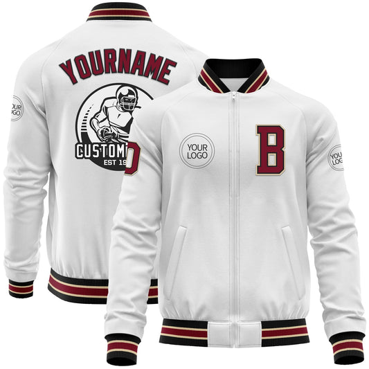 Custom White Crimson Black-City Cream Bomber Varsity Letterman Zipper Jacket - Main View