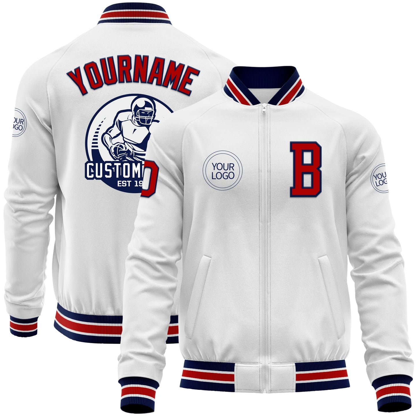 Custom White Red-Navy Bomber Varsity Letterman Zipper Jacket - Main View