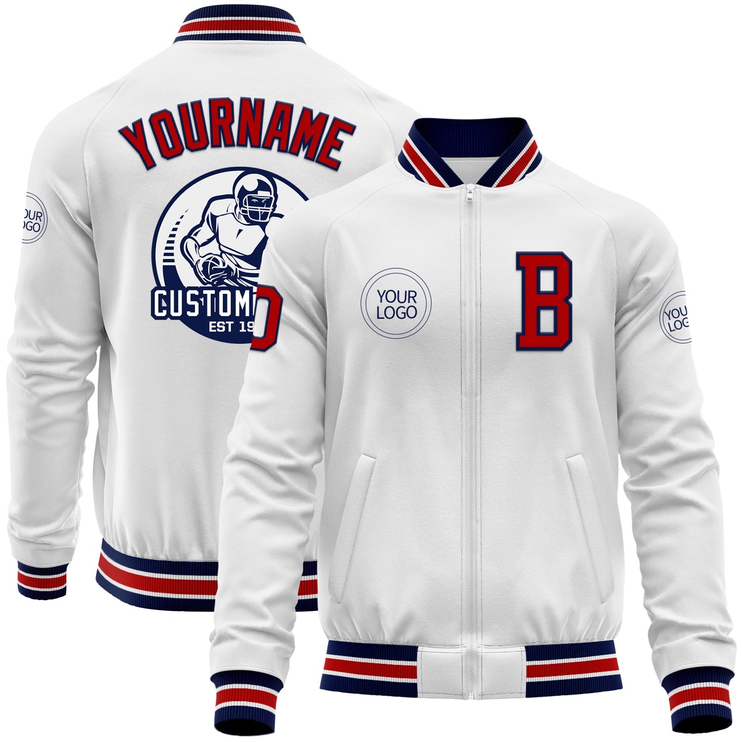 Custom White Red-Navy Bomber Varsity Letterman Zipper Jacket - Main View