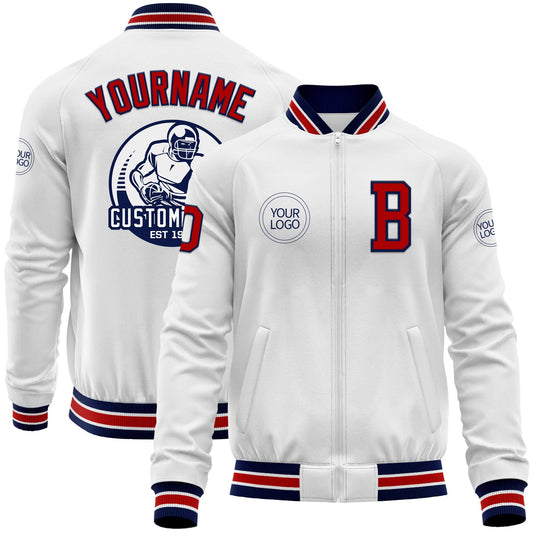 Custom White Red-Navy Bomber Varsity Letterman Zipper Jacket - Main View