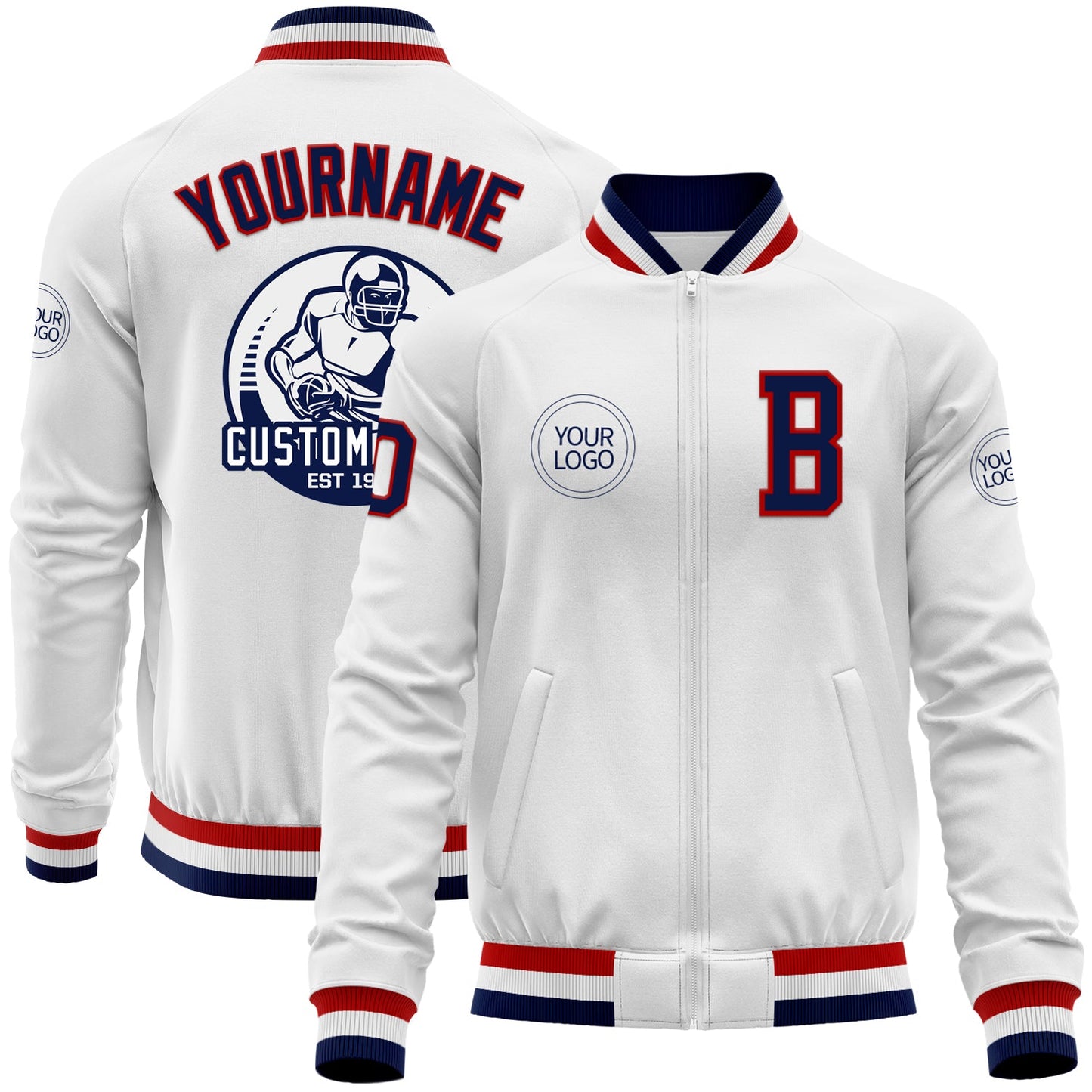 Custom White Navy-Red Bomber Varsity Letterman Zipper Jacket - Main View