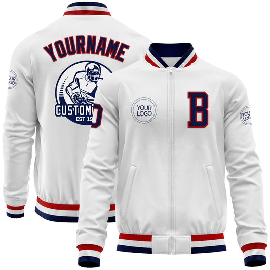 Custom White Navy-Red Bomber Varsity Letterman Zipper Jacket - Main View