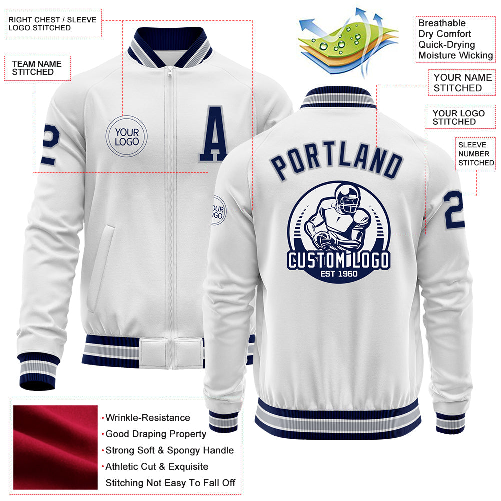 Custom White Navy-Gray Bomber Varsity Letterman Zipper Jacket view 4