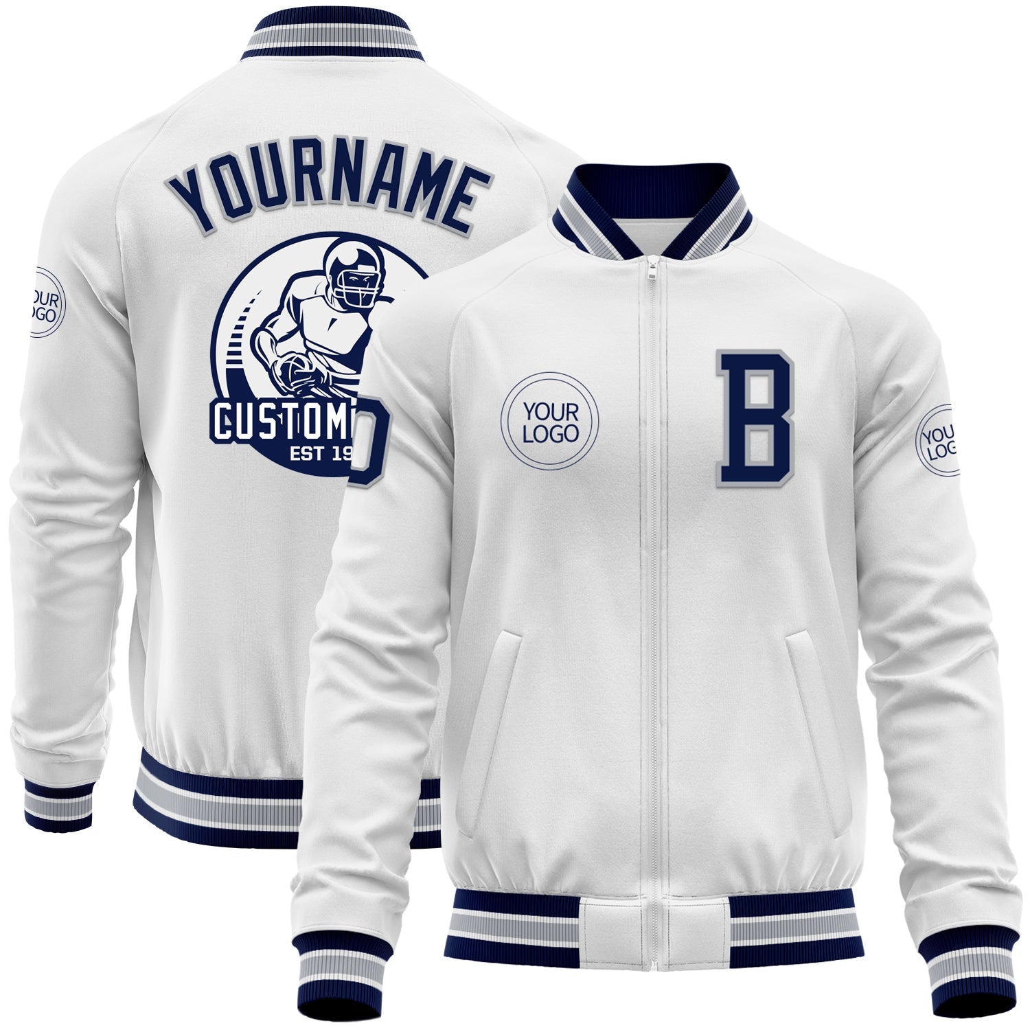 Custom White Navy-Gray Bomber Varsity Letterman Zipper Jacket - Main View