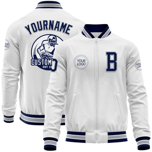 Custom White Navy-Gray Bomber Varsity Letterman Zipper Jacket - Main View