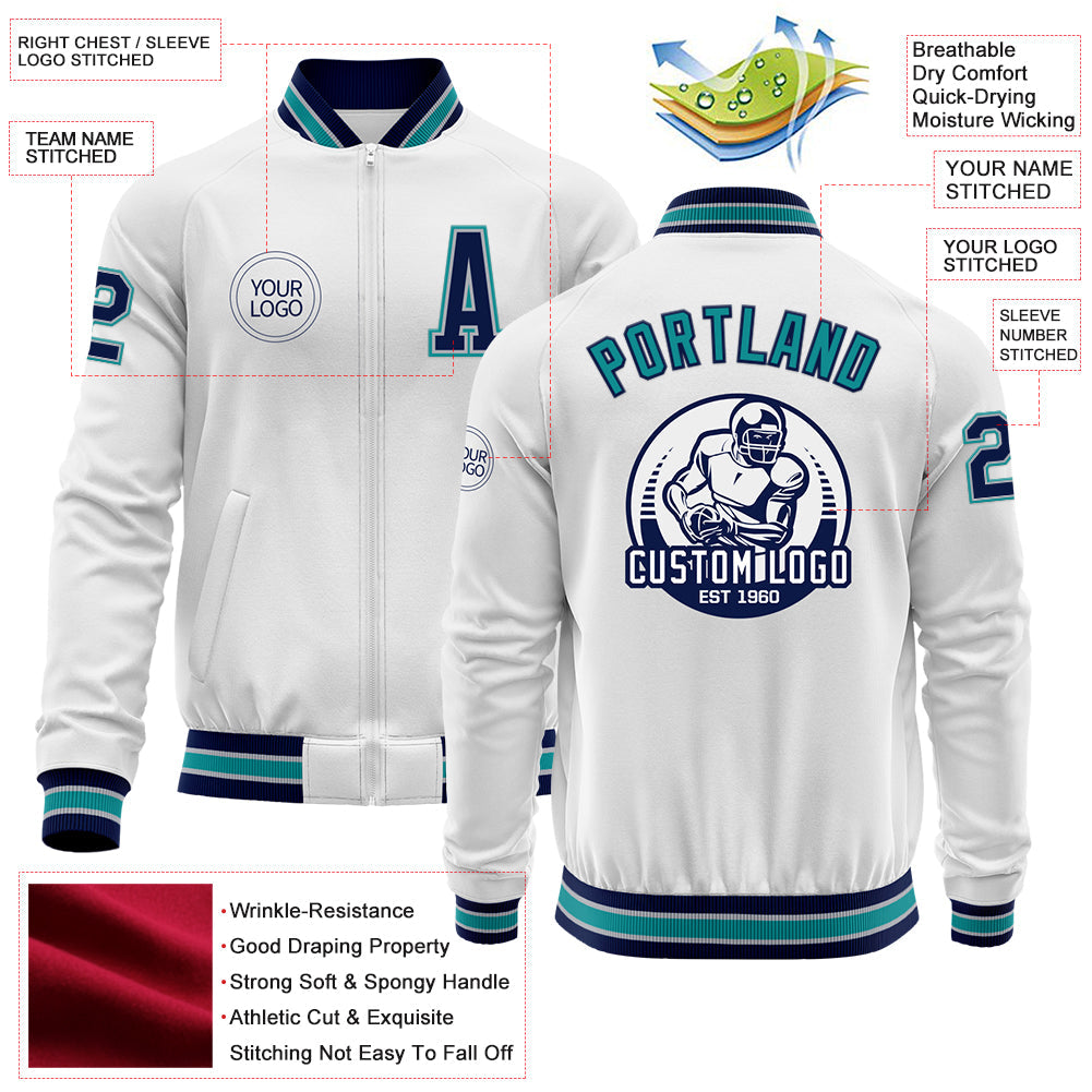 Custom White Navy Gray-Teal Bomber Varsity Letterman Zipper Jacket view 4