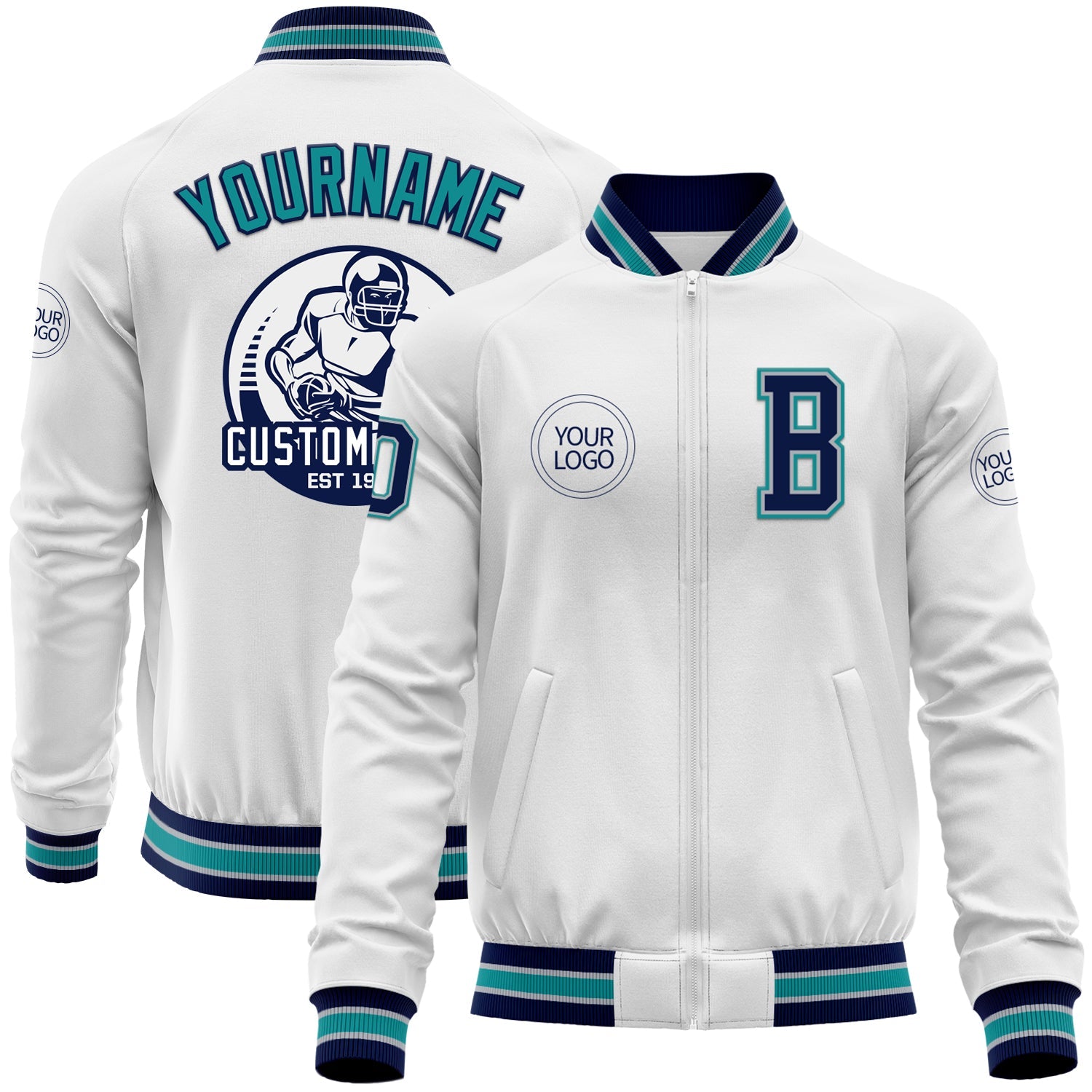 Custom White Navy Gray-Teal Bomber Varsity Letterman Zipper Jacket - Main View